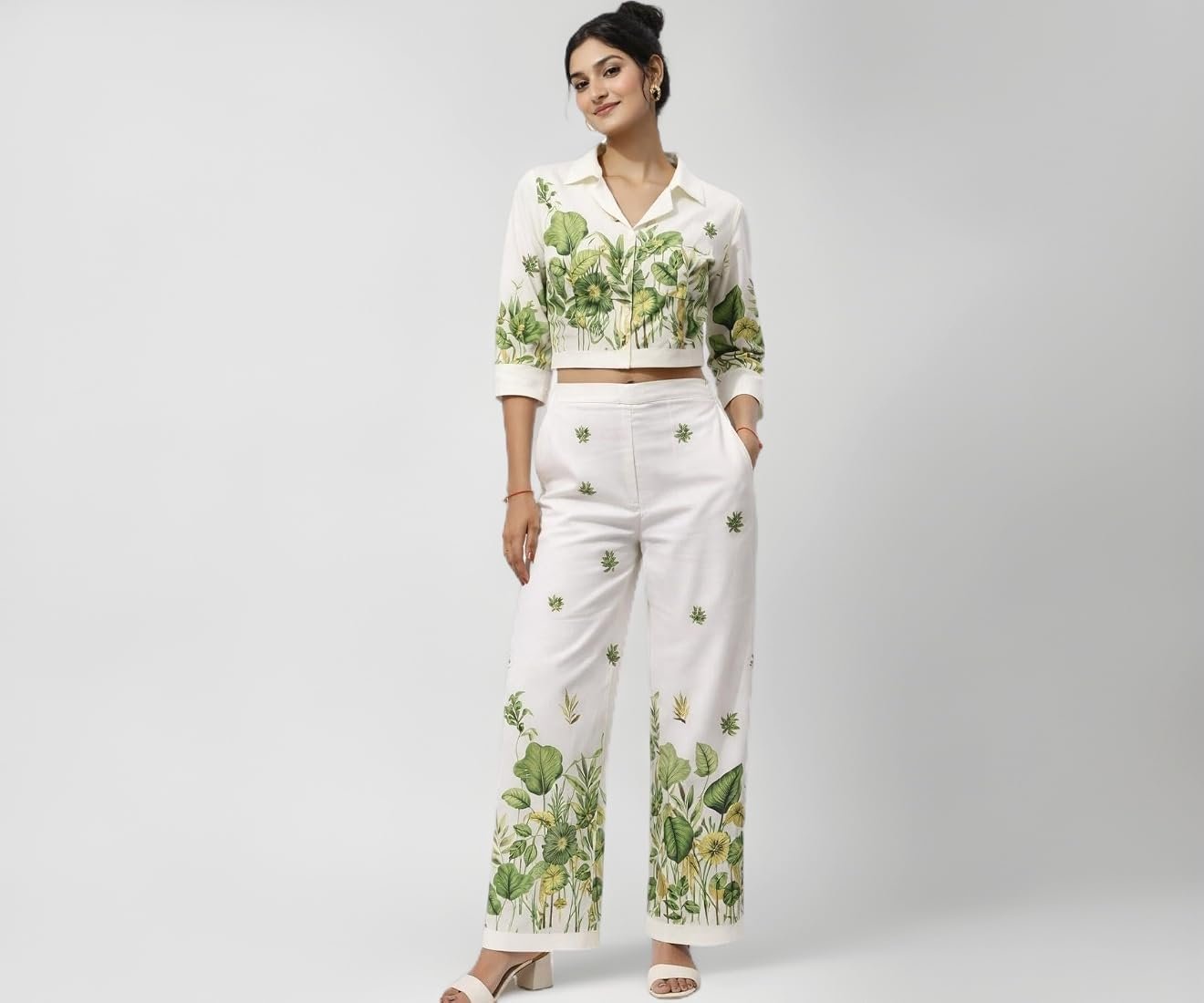 Women's Chic Floral Summer Crop Top & Wide Leg Co-ord Set