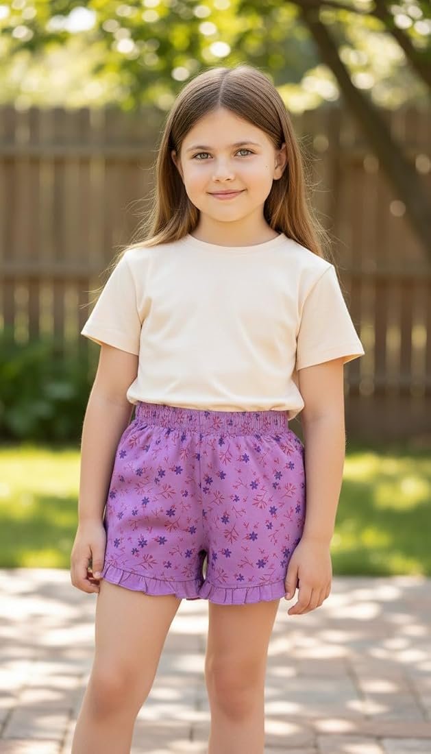 Girls' Floral Frill Hem Cotton Shorts